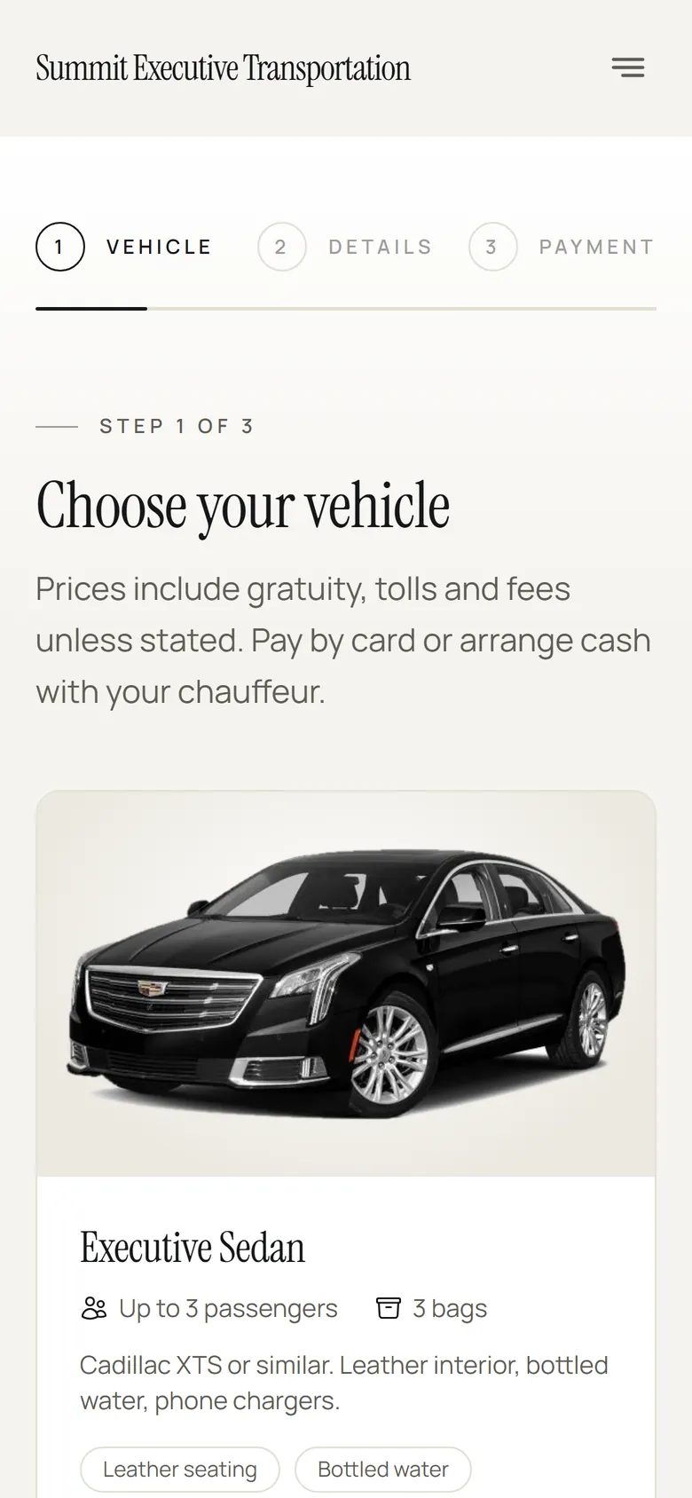 Choosing a vehicle on the demo website on a phone