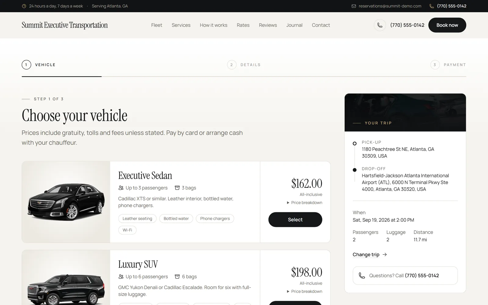 Choosing a vehicle on the demo operator website, with all-inclusive prices for the same trip