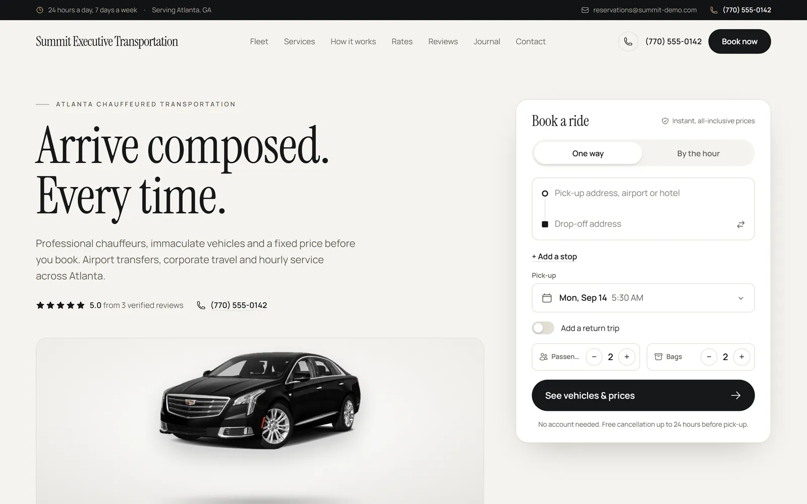 Home page of the demo operator website built with EazyLimo, with the booking form above the fold